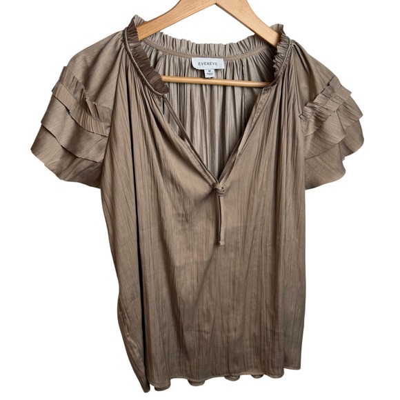 Evereve Tops - Evereve Pleated Ruffle Sleeve Blouse M Taupe Satin Tie Neck Top Work Travel Chic